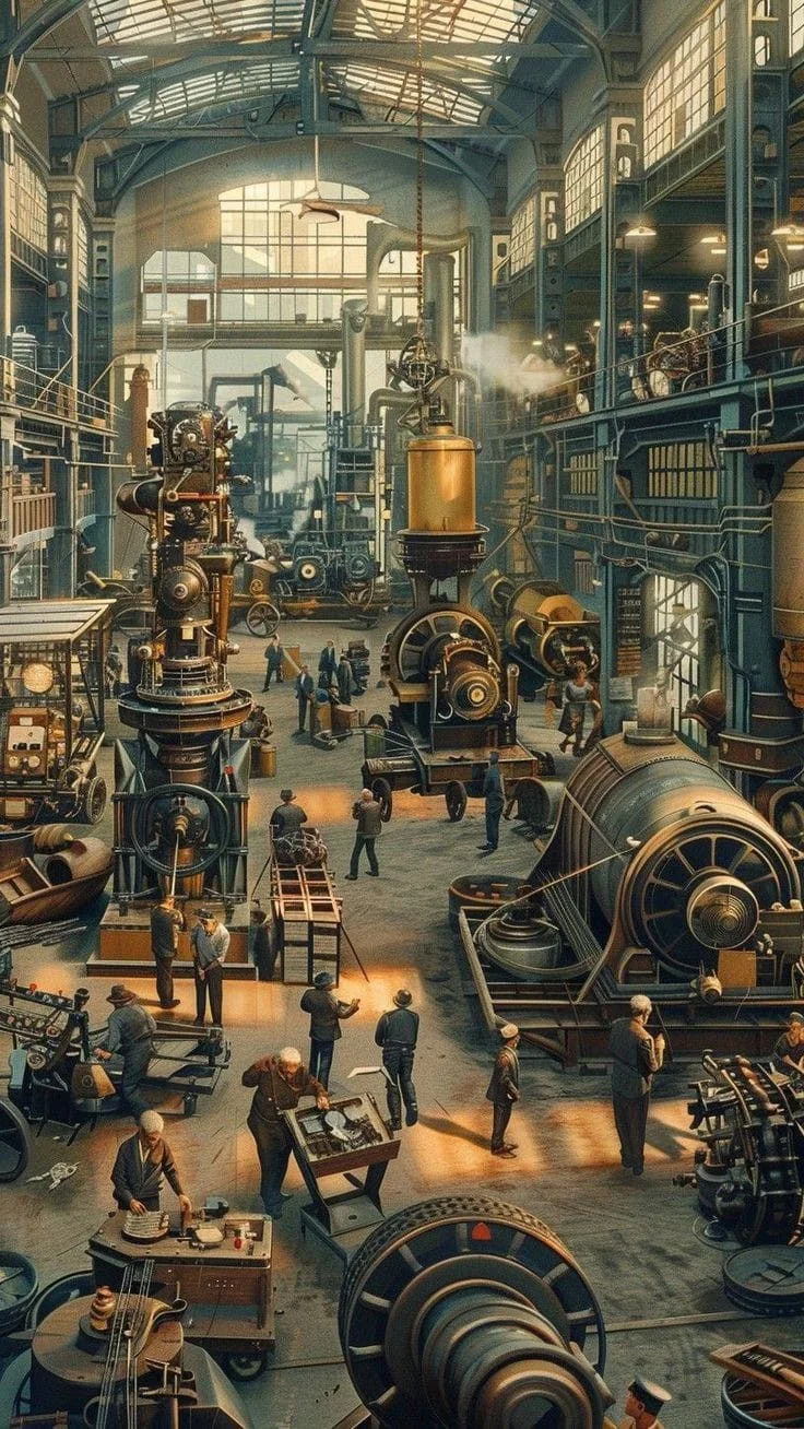 A painting of a great machine hall in the industrial era: engines, flywheels and boilers under an iron-and-glass roof, with workers at their benches.