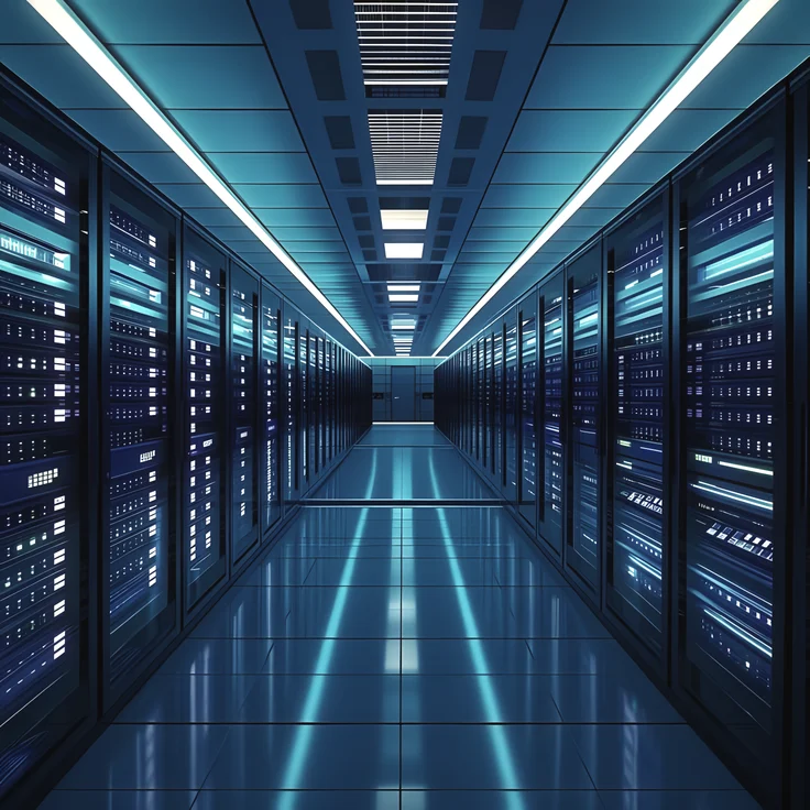 A long aisle of server racks in a data hall, lit by strips of warm white light and the glow of the machines.