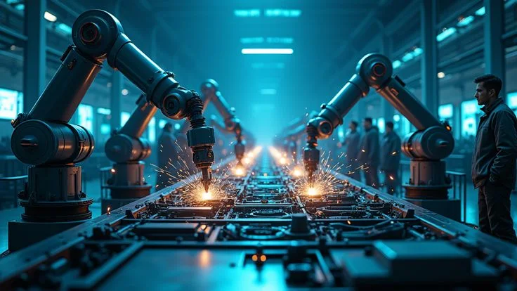 Robot arms welding along an assembly line in a blue-lit factory, sparks flying, while a worker watches from the side.