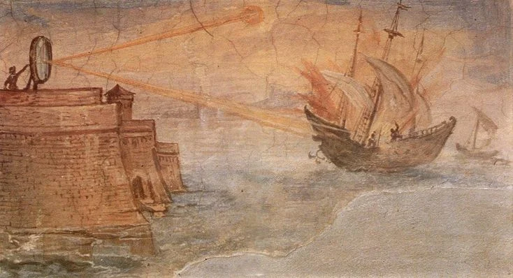 A Renaissance fresco of a fortress by the sea. A great mirror on the ramparts catches the sun and throws its beam onto a ship, whose sails have caught fire.